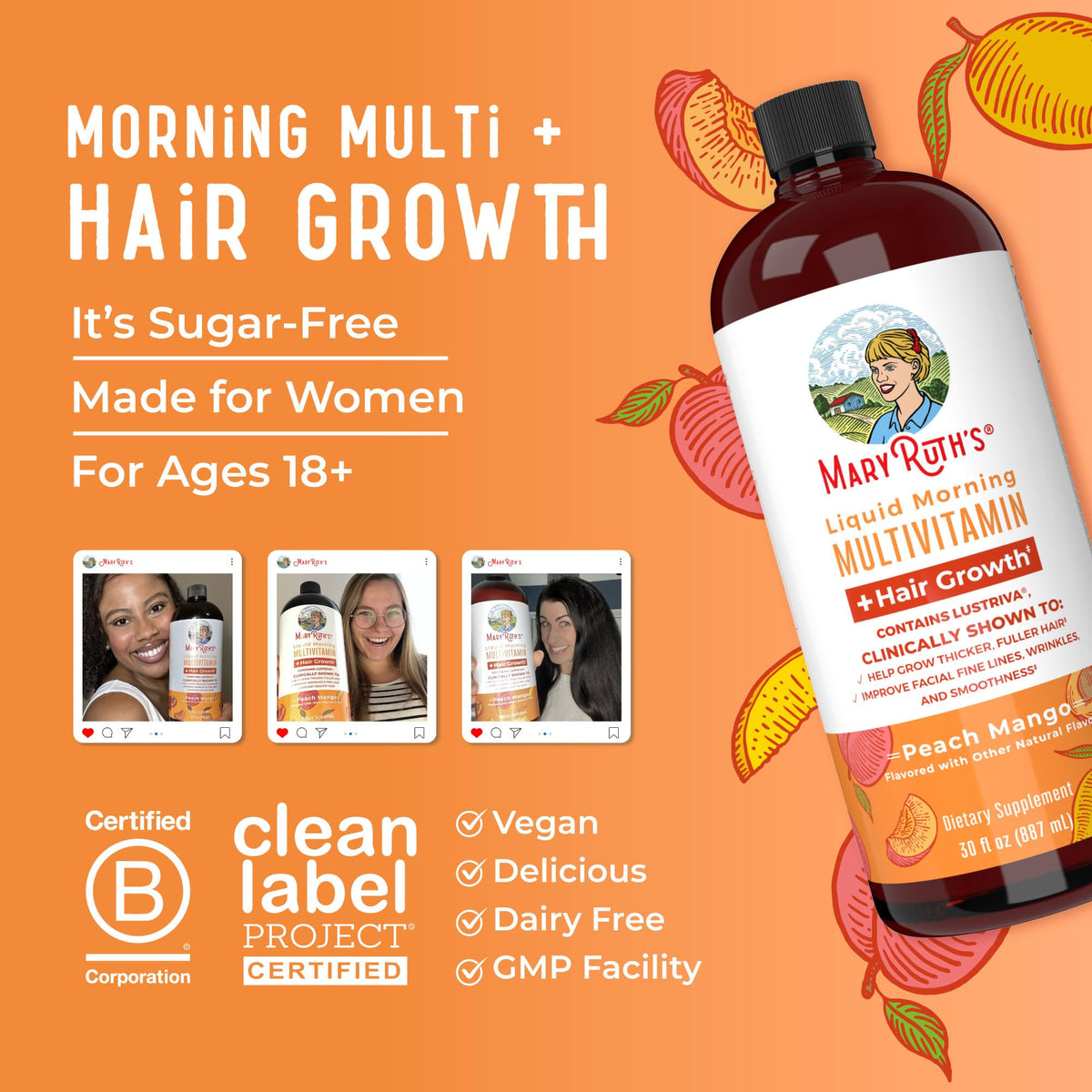 MaryRuth Organics Liquid Multivitamin + Hair Growth with Lustriva – Thicker Hair, Smoother Skin | Biotin 10000mcg | 30 Fl Oz - Calm Era