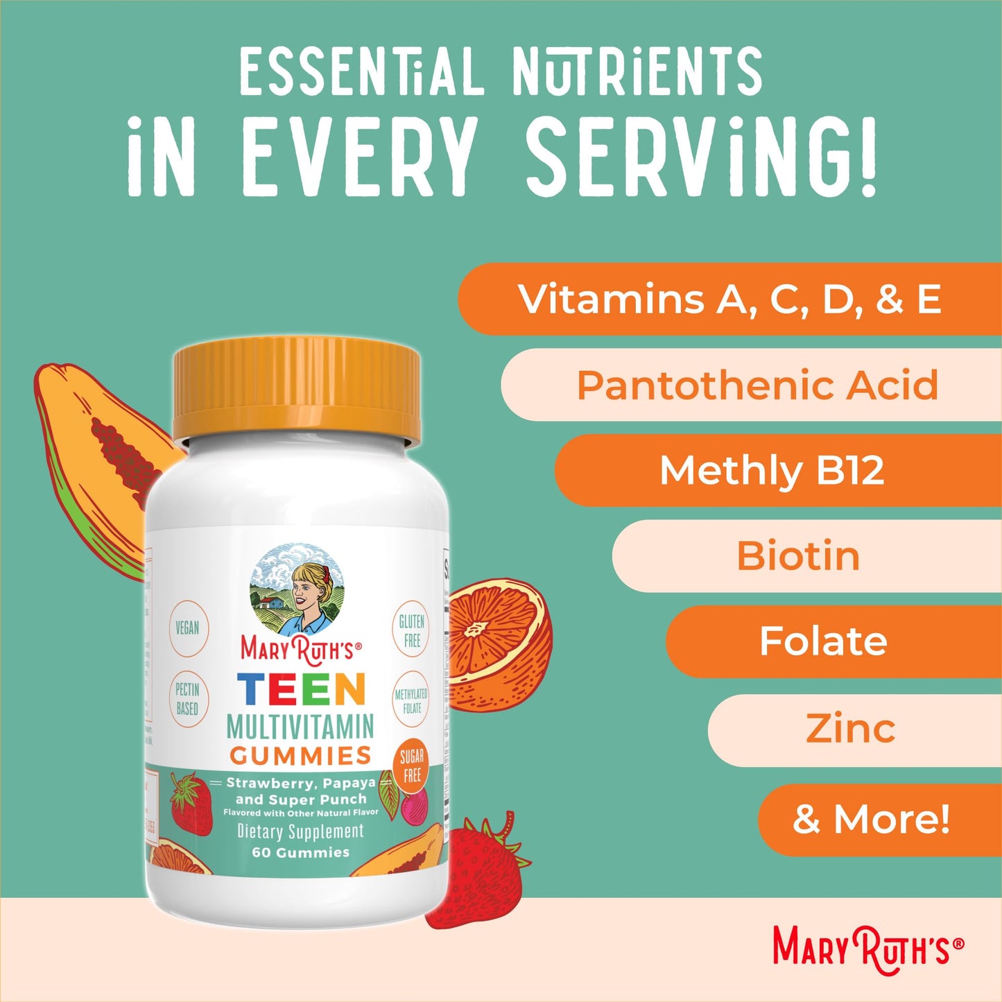 MaryRuth Organics Teen Multivitamin Gummies – Vegan, Sugar-Free, Gluten-Free | 60 Count
