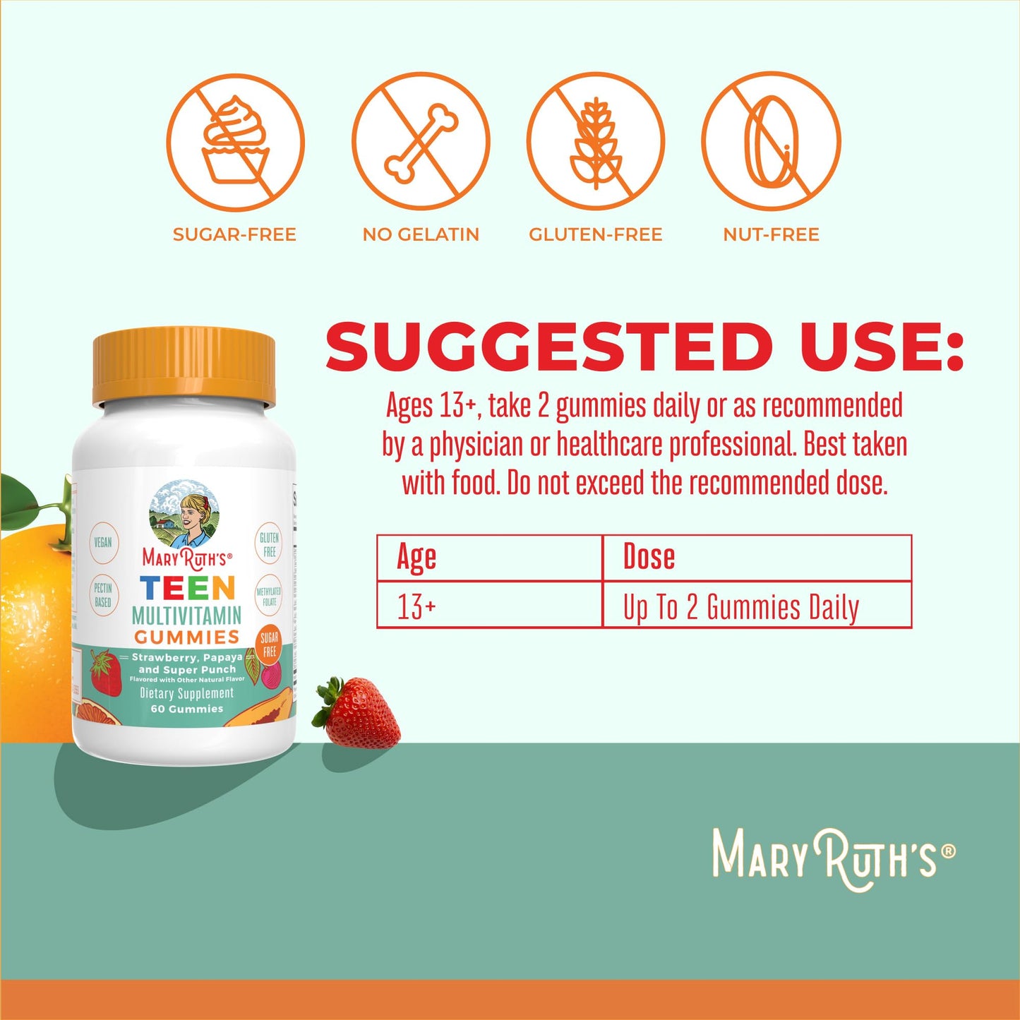 MaryRuth Organics Teen Multivitamin Gummies – Vegan, Sugar-Free, Gluten-Free | 60 Count