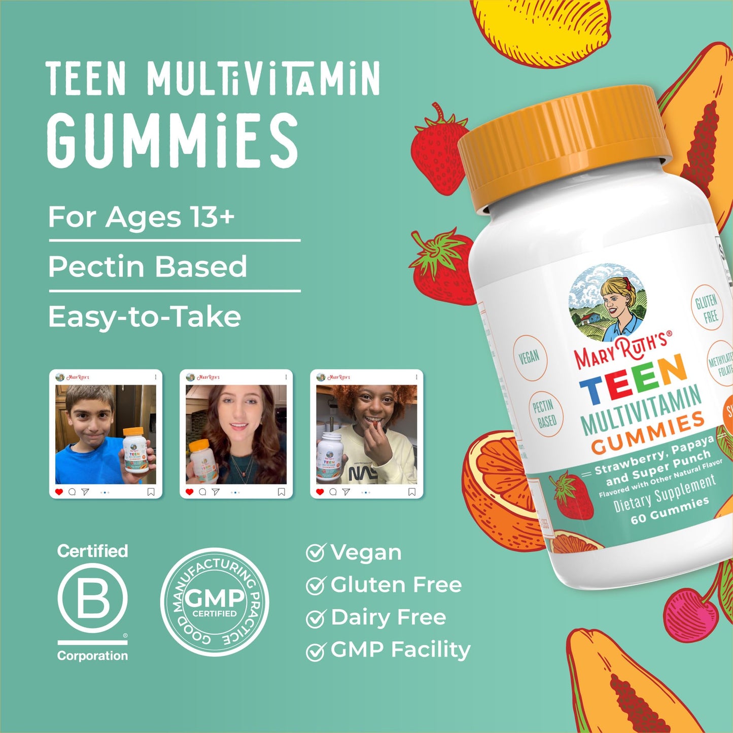 MaryRuth Organics Teen Multivitamin Gummies – Vegan, Sugar-Free, Gluten-Free | 60 Count