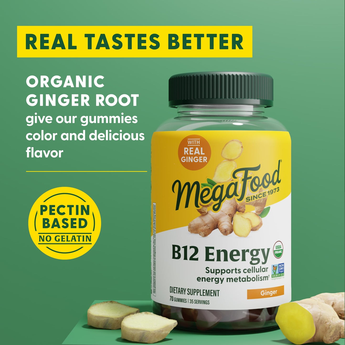 MegaFood Vitamin B12 Energy Gummies — Ginger, USDA Organic, 70ct