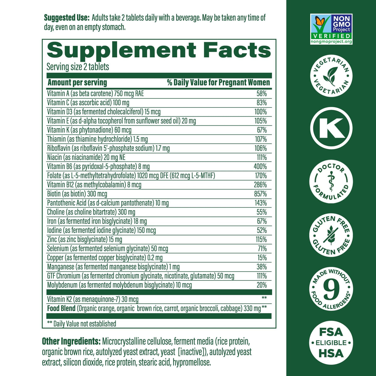 MegaFood Baby & Me 2 Prenatal Vitamins – Folate, Choline, Iron & Vitamin D | 120 Tabs (60 Servings) - Calm Era