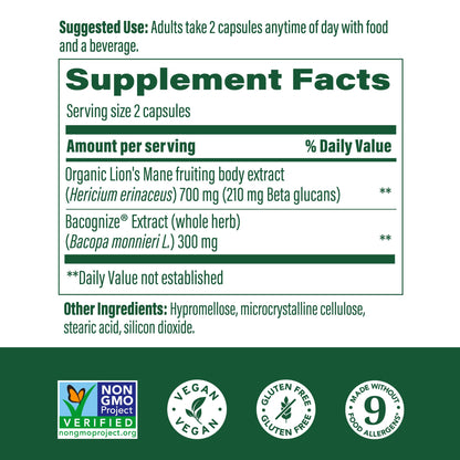 MegaFood Superfood Mushroom Focus Support – Lion’s Mane with Bacopa 60 Capsules