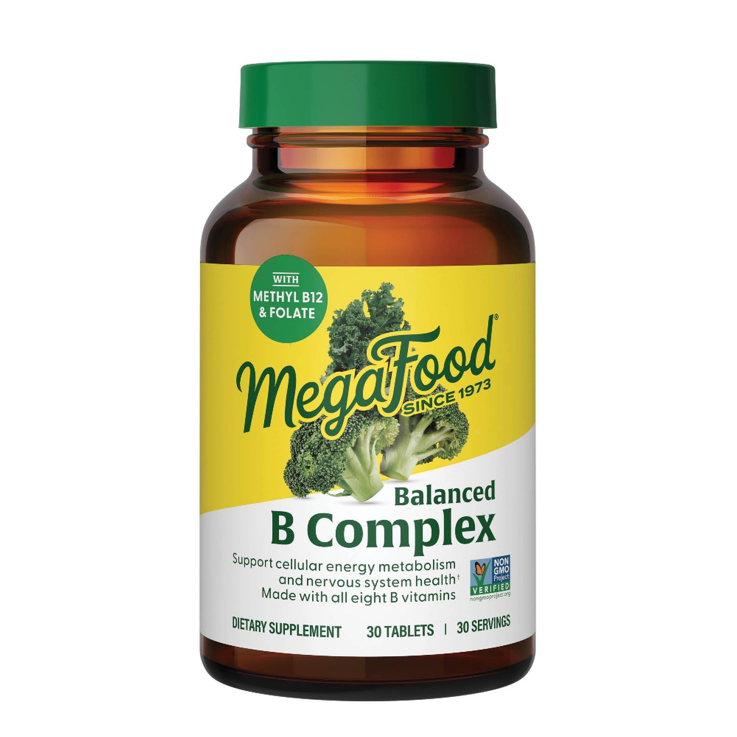 MegaFood Balanced B Complex supplement bottle on a white background