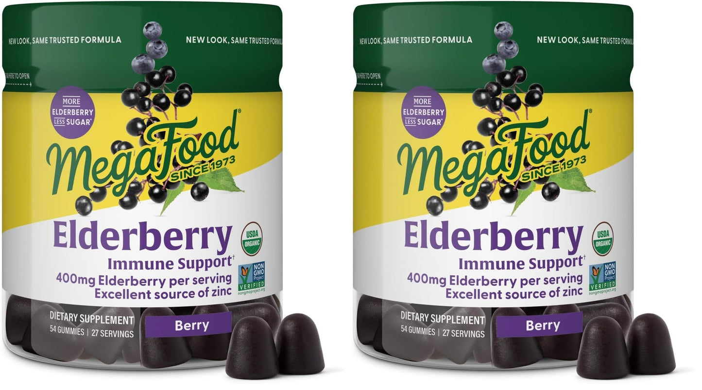 Two containers of MegaFood Elderberry Immune Support supplement on a white background
