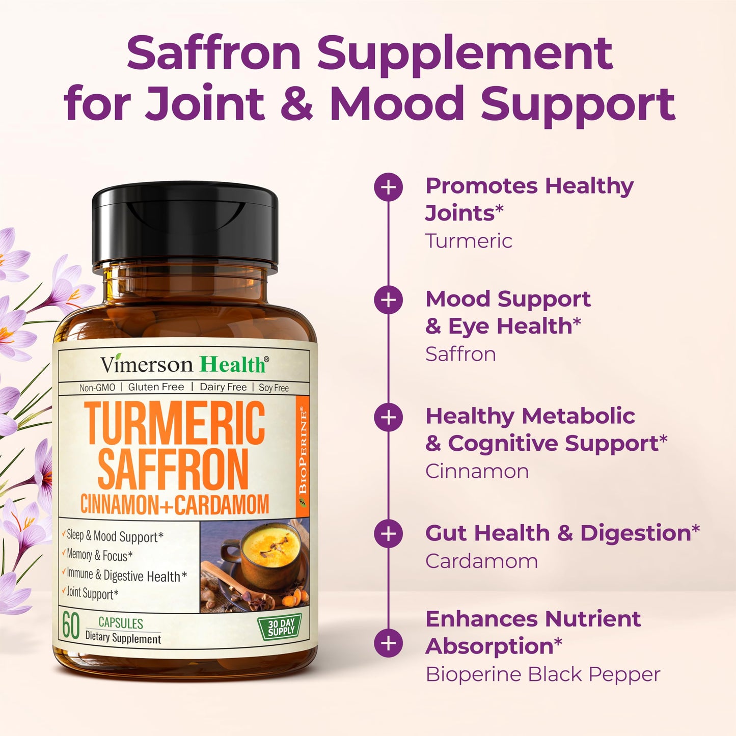 Vimerson Health Saffron Supplement – Turmeric, Cinnamon & Cardamom | 2-Pack