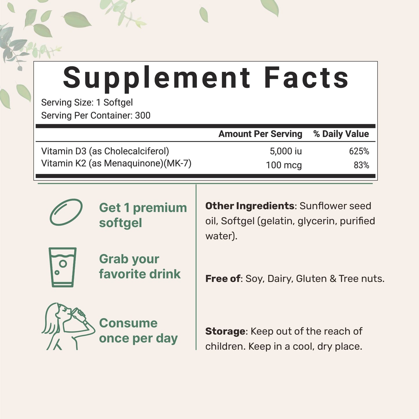 Micro Ingredients Vitamin D3 5000IU + K2 MK-7 100mcg | 2-Pack 600 Softgels