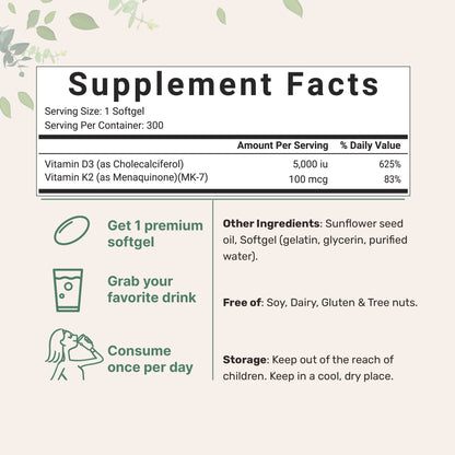 Micro Ingredients Vitamin D3 5000IU + K2 MK-7 100mcg | 2-Pack 600 Softgels