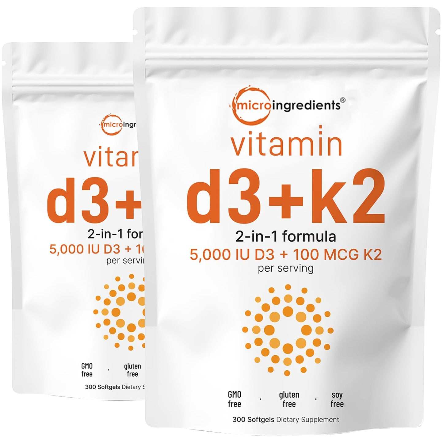 Micro Ingredients Vitamin D3 5000IU + K2 MK-7 100mcg | 2-Pack 600 Softgels