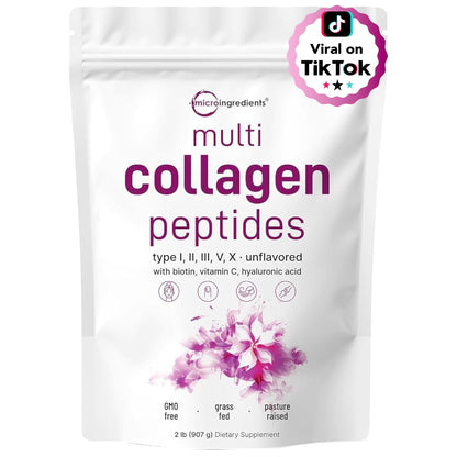 Package of multi collagen peptides with TikTok virality badge on a white background