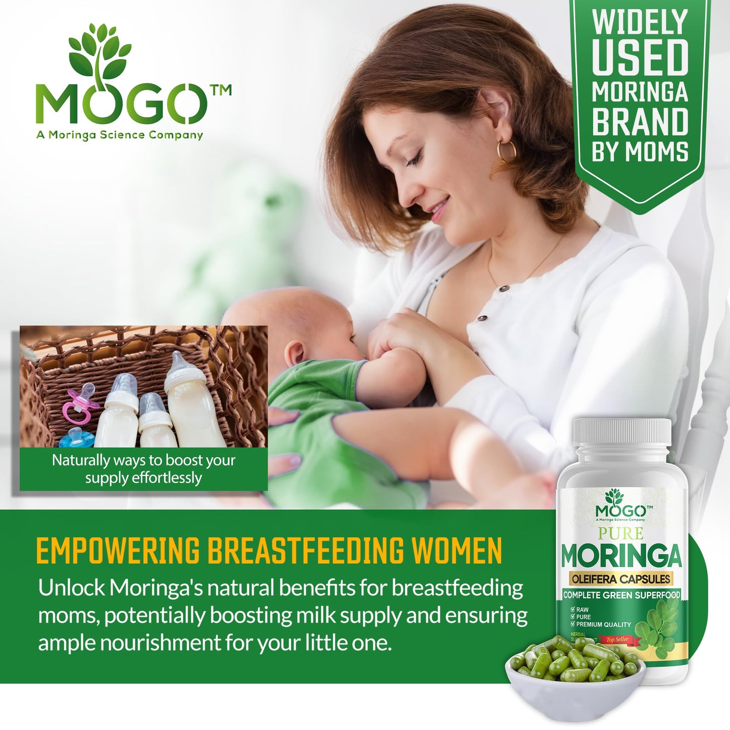 MOGO Organic Moringa Capsules 180ct | Made in USA | No Fillers