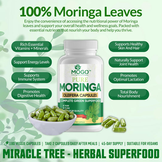 MOGO Organic Moringa Capsules 180ct | Made in USA | No Fillers