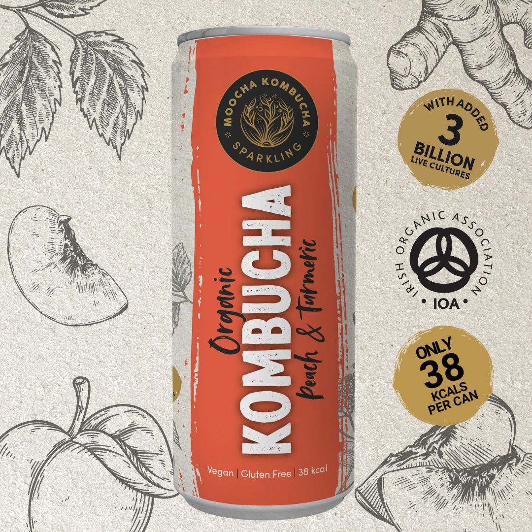 Kombucha can with branding and nutritional information on a background with illustrations of fruits and vegetables.