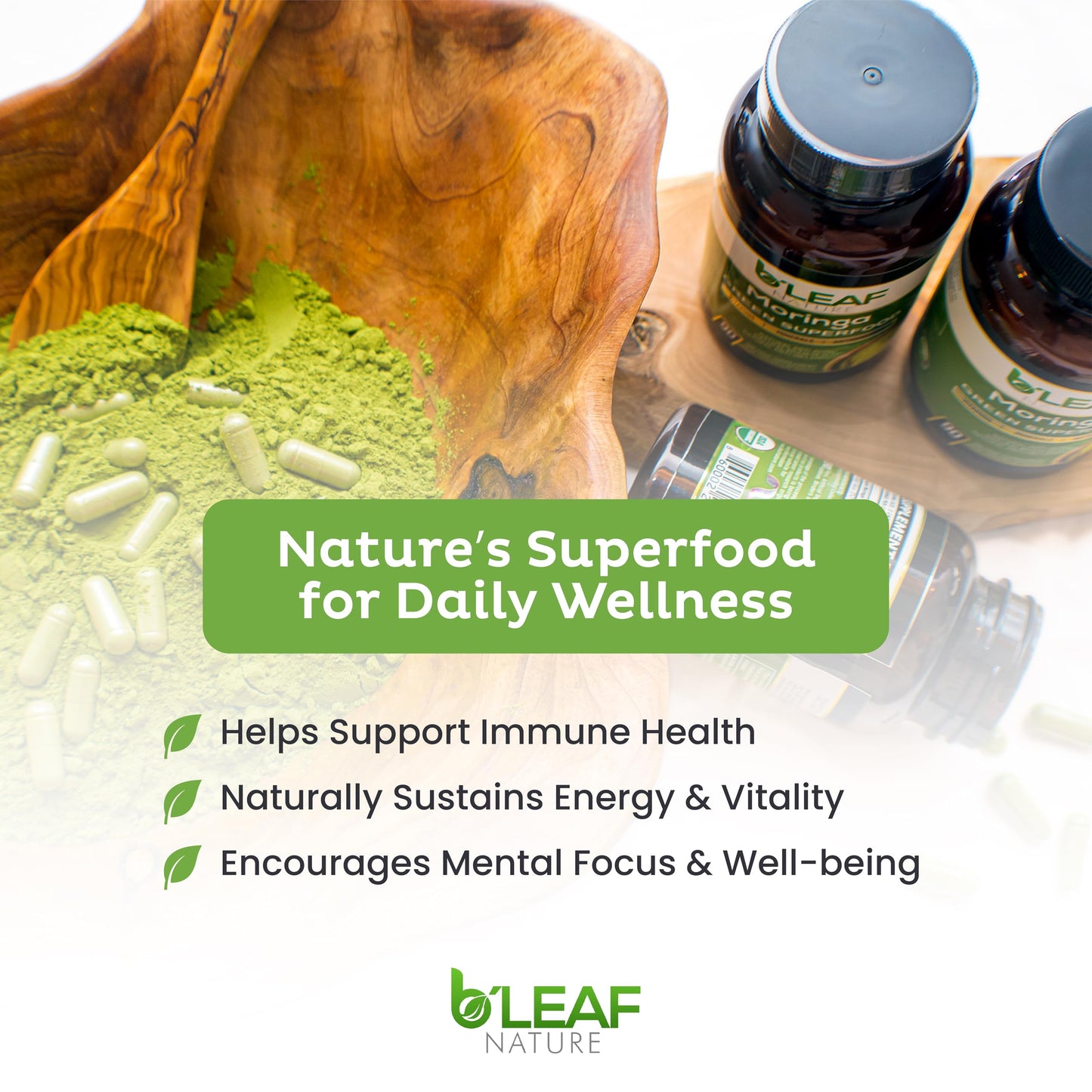 B'Leaf Nature Organic Moringa Capsules 1000mg | 180ct Vegan Non-GMO