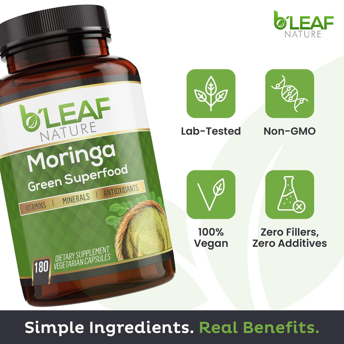 B'Leaf Nature Organic Moringa Capsules 1000mg | 180ct Vegan Non-GMO