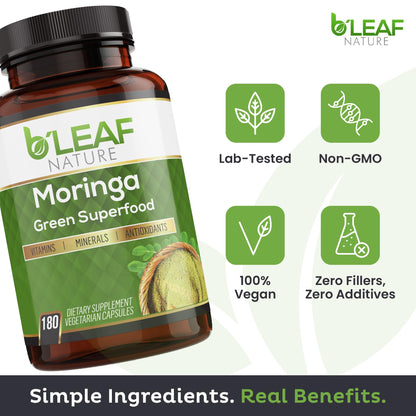 B'Leaf Nature Organic Moringa Capsules 1000mg | 180ct Vegan Non-GMO