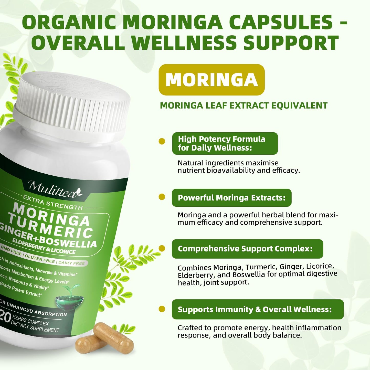 Mulittea Moringa Capsules 1000mg 7-in-1 | 2-Pack 120 Vegan Capsules