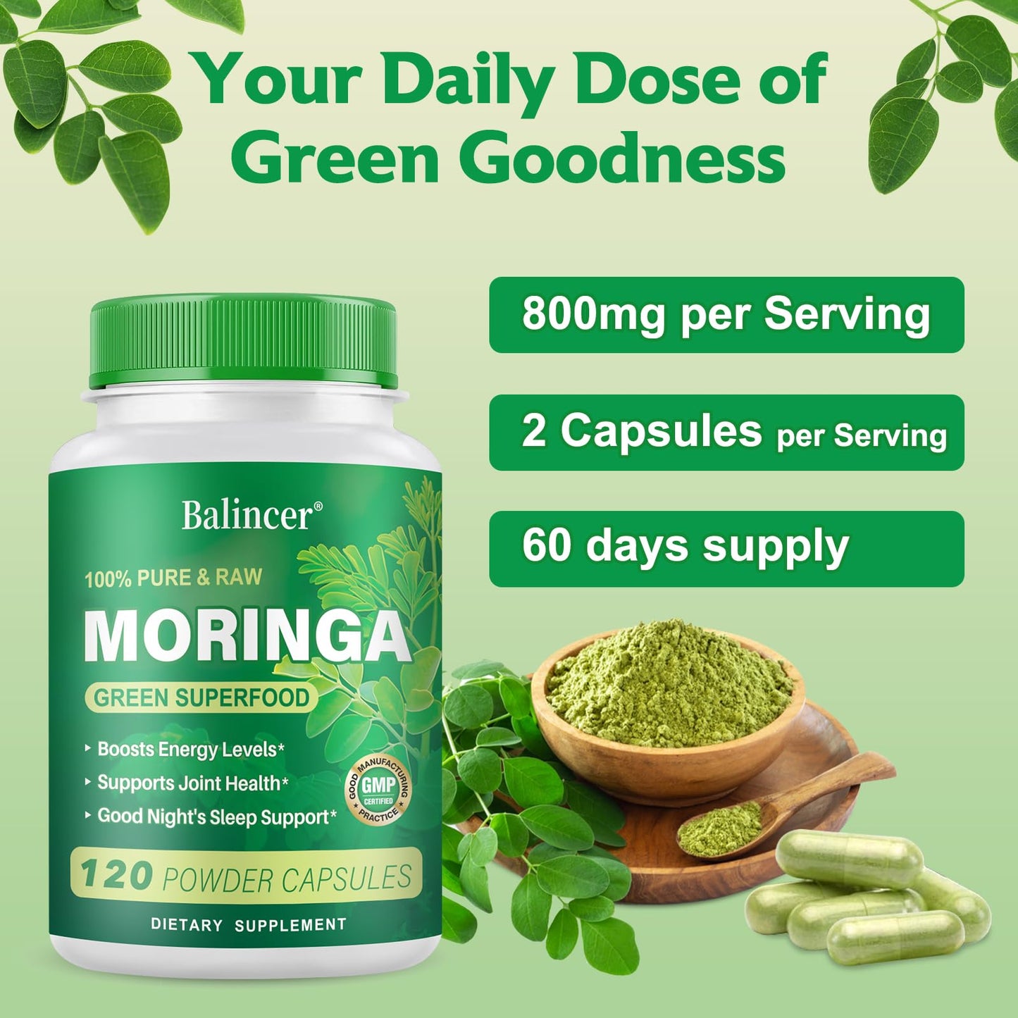 Balincer Moringa Powder Capsules 800mg | 240 Vegan Capsules