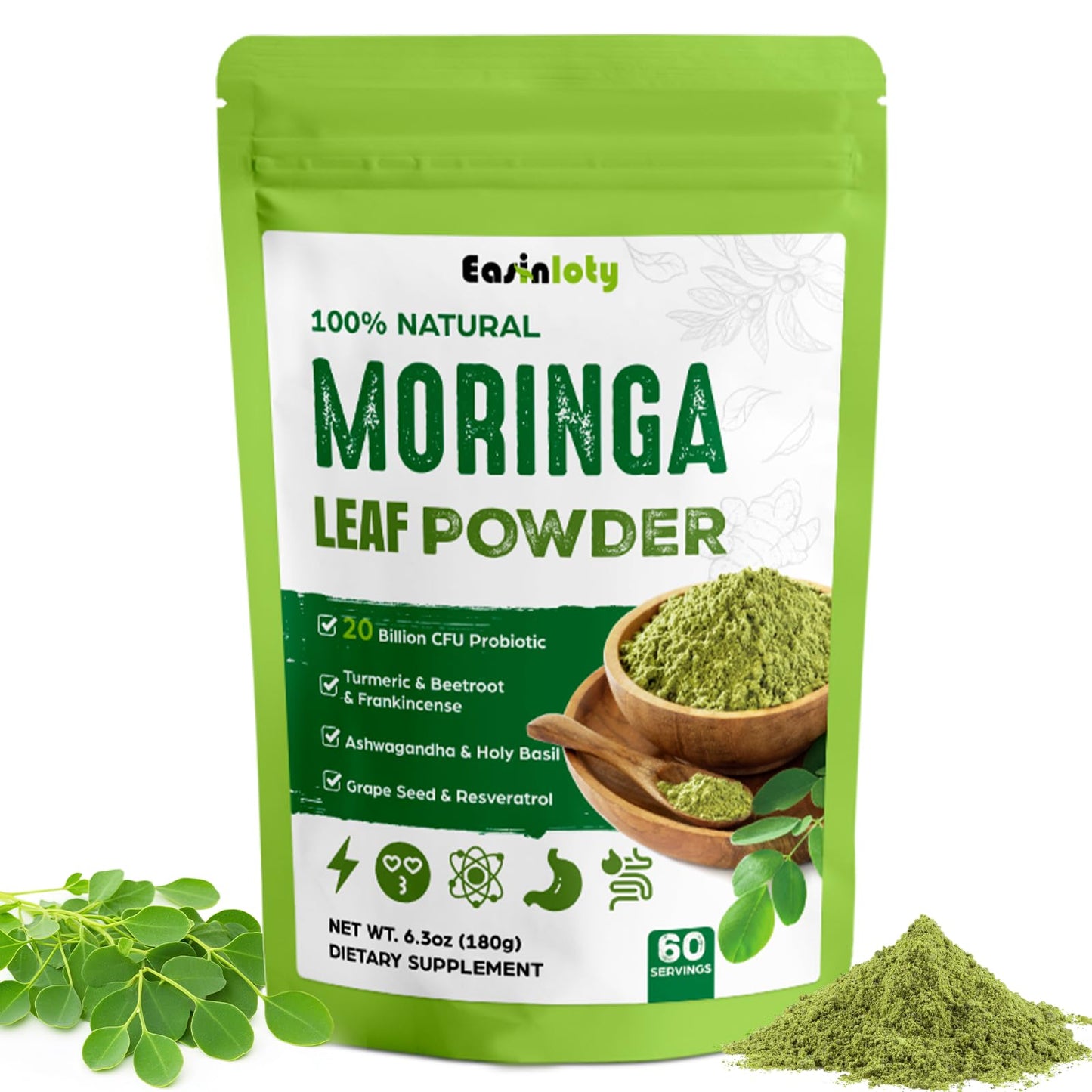 Organic Moringa Powder 2000mg 18-in-1 Green Superfood | 60 Servings