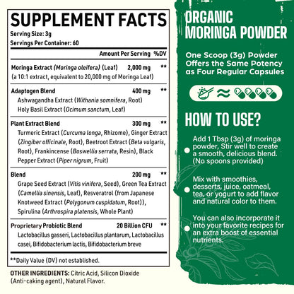 Organic Moringa Powder 2000mg 18-in-1 Green Superfood | 60 Servings