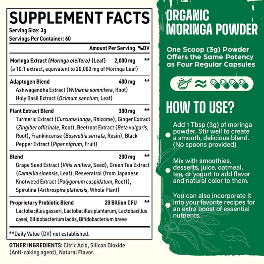Organic Moringa Powder 2000mg 18-in-1 Green Superfood | 60 Servings