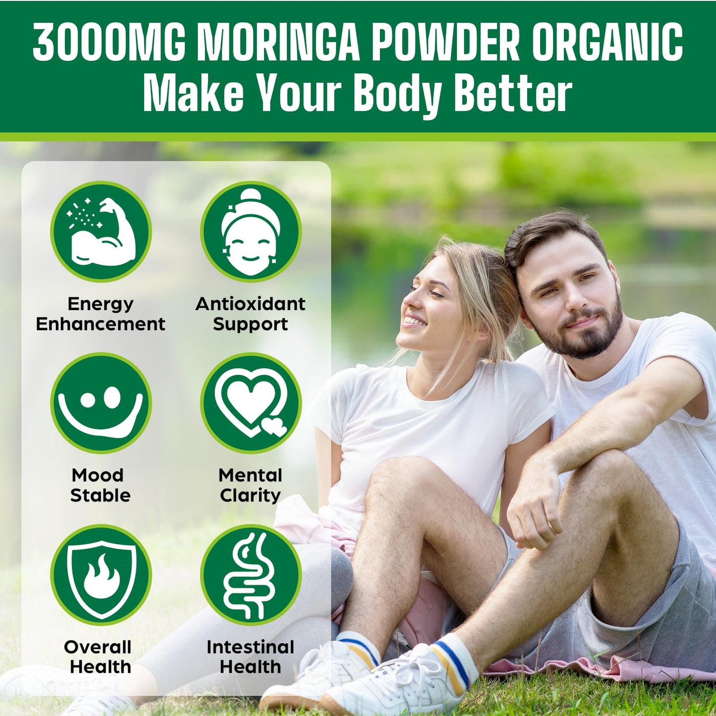 Organic Moringa Powder 2000mg 18-in-1 Green Superfood | 60 Servings