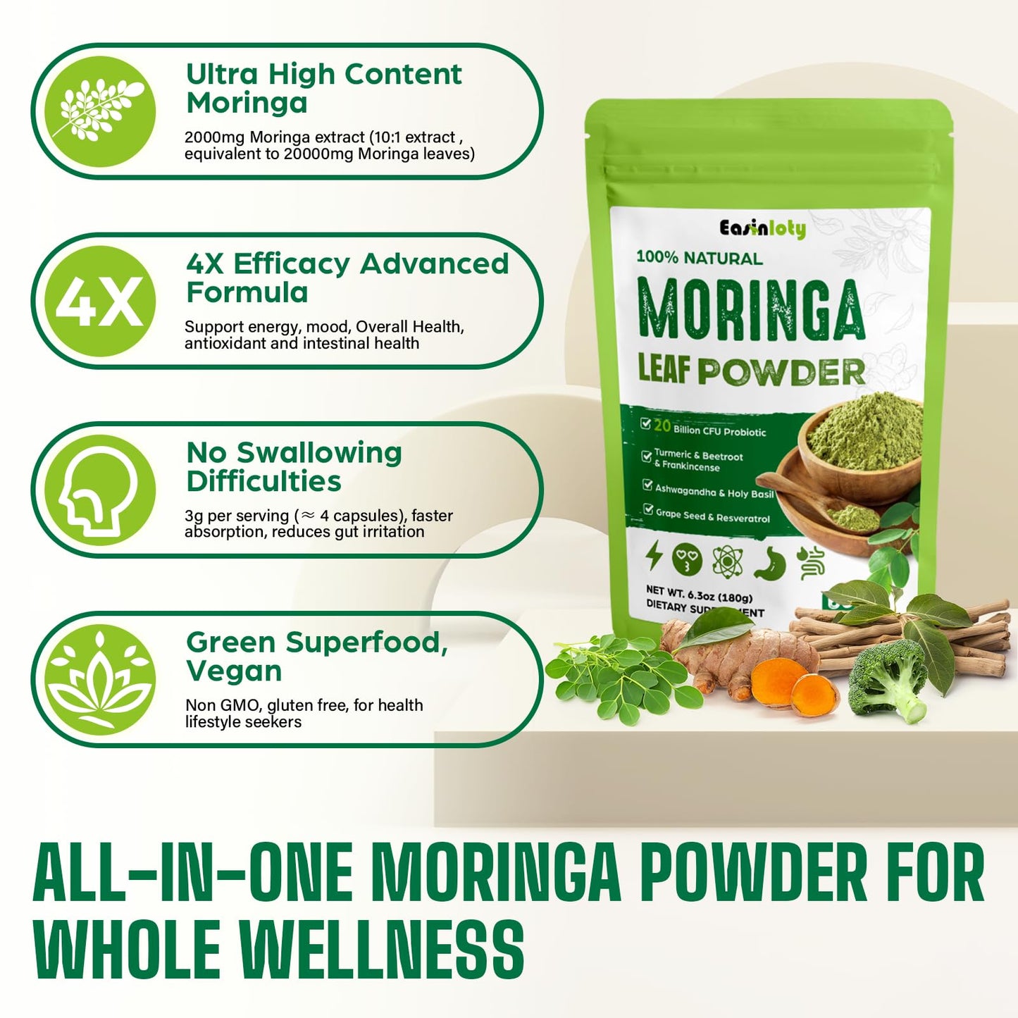 Organic Moringa Powder 2000mg 18-in-1 Green Superfood | 60 Servings