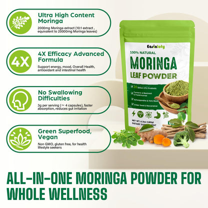 Organic Moringa Powder 2000mg 18-in-1 Green Superfood | 60 Servings