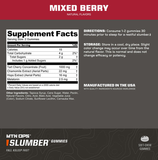 MTN OPS Slumber Sleep Gummies – Tart Cherry 1000mg & Melatonin 2.5mg | Mixed Berry | 60 Servings