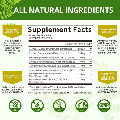 Mulittea Moringa Capsules 1000mg 7-in-1 | 2-Pack 120 Vegan Capsules