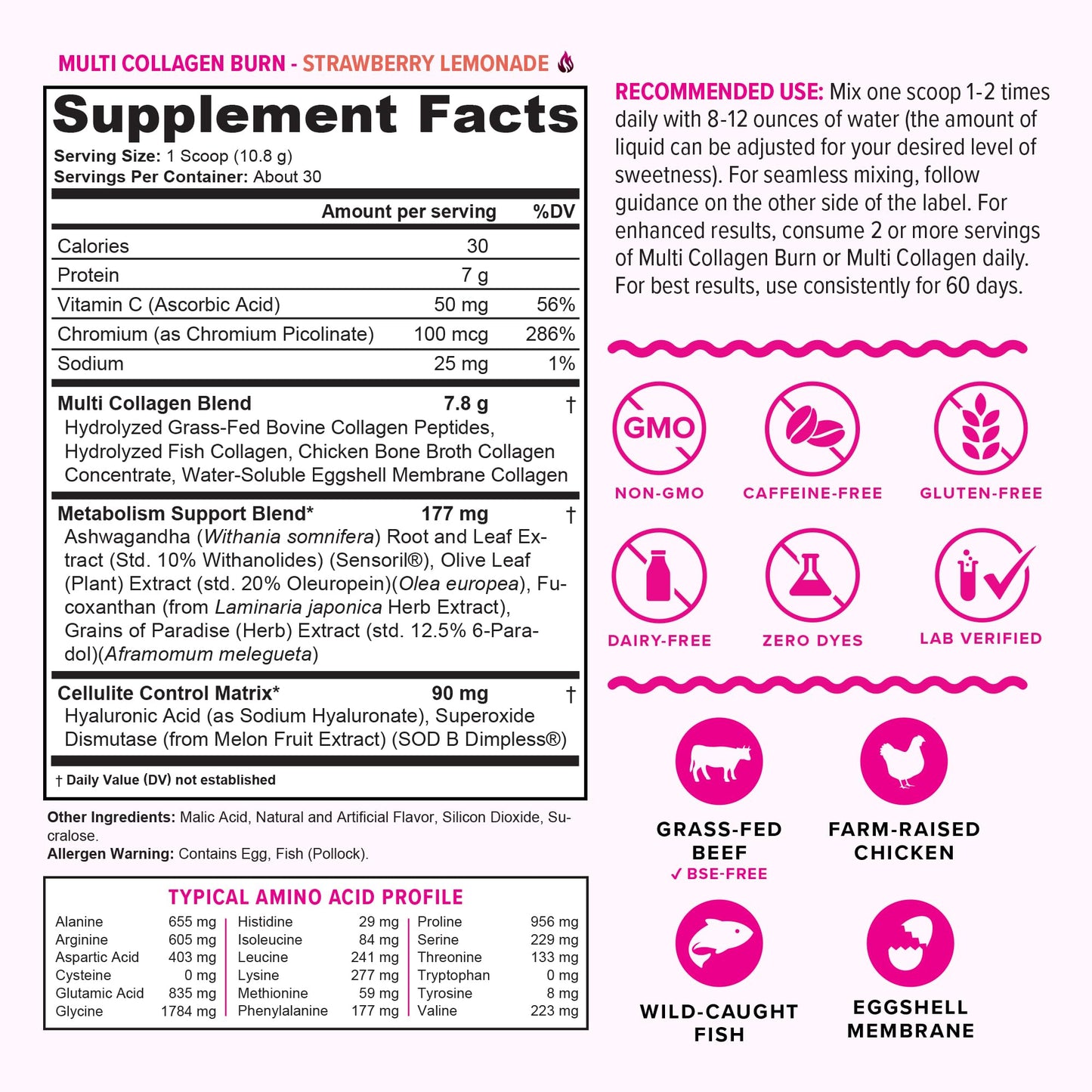 Vitauthority Multi Collagen Burn – Caffeine-Free Strawberry Lemonade, 30 Servings