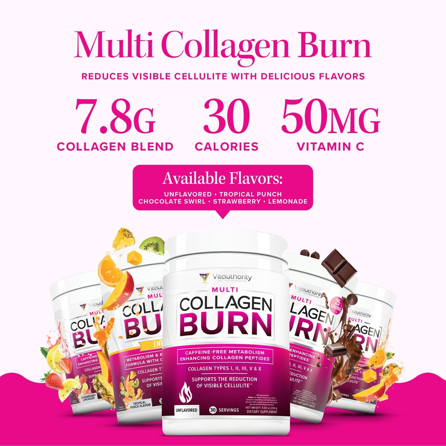 Vitauthority Multi Collagen Burn – Caffeine-Free Strawberry Lemonade, 30 Servings