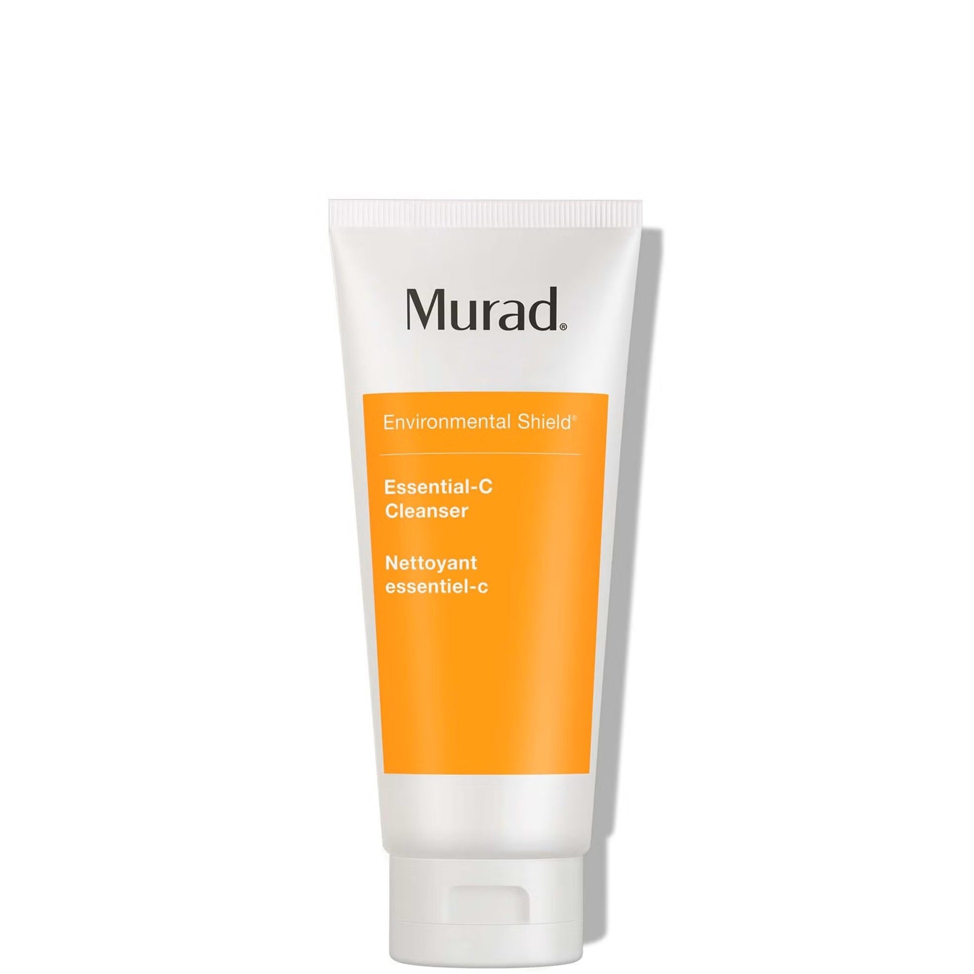 A tube of Murad Environmental Shield Essential-C Cleanser, featuring a white squeeze tube with a prominent orange label block and black brand text, set against a plain white background with a soft shadow.