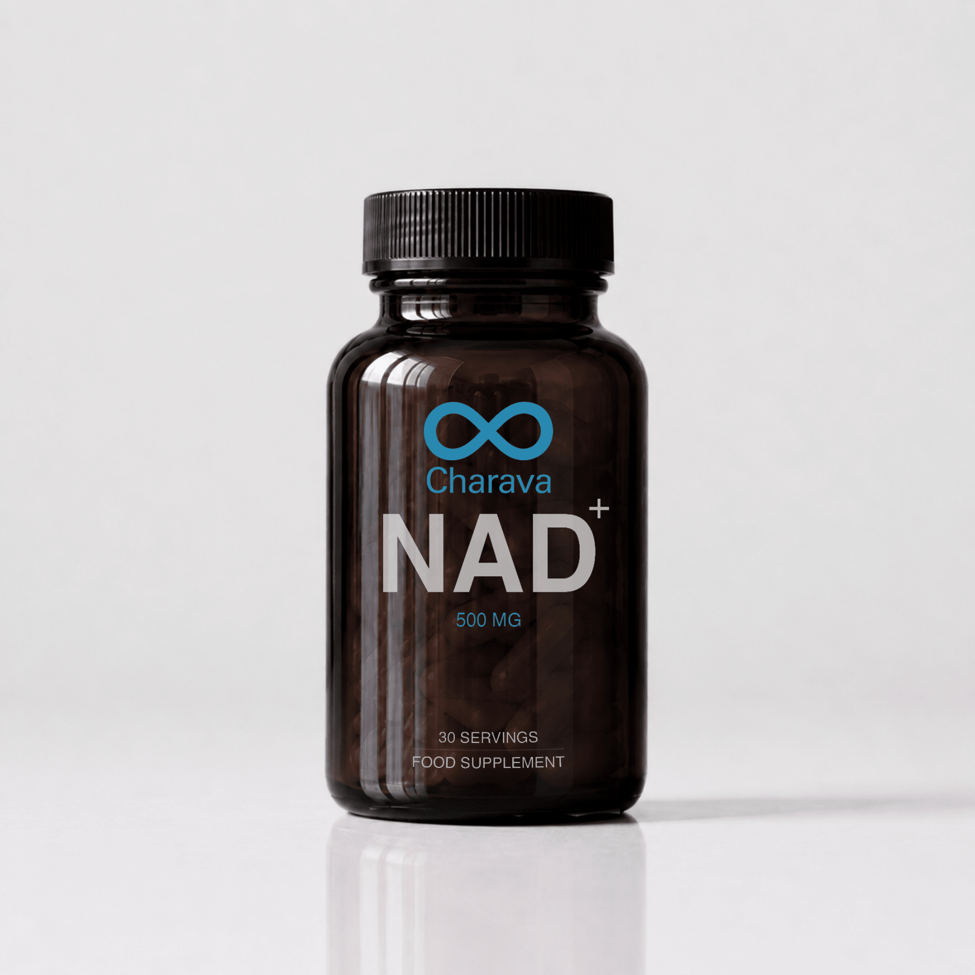 A dark amber brown bottle of Charava NAD+ 600 MG food supplement with a black ribbed cap, set against a clean light gray background with a soft reflection.