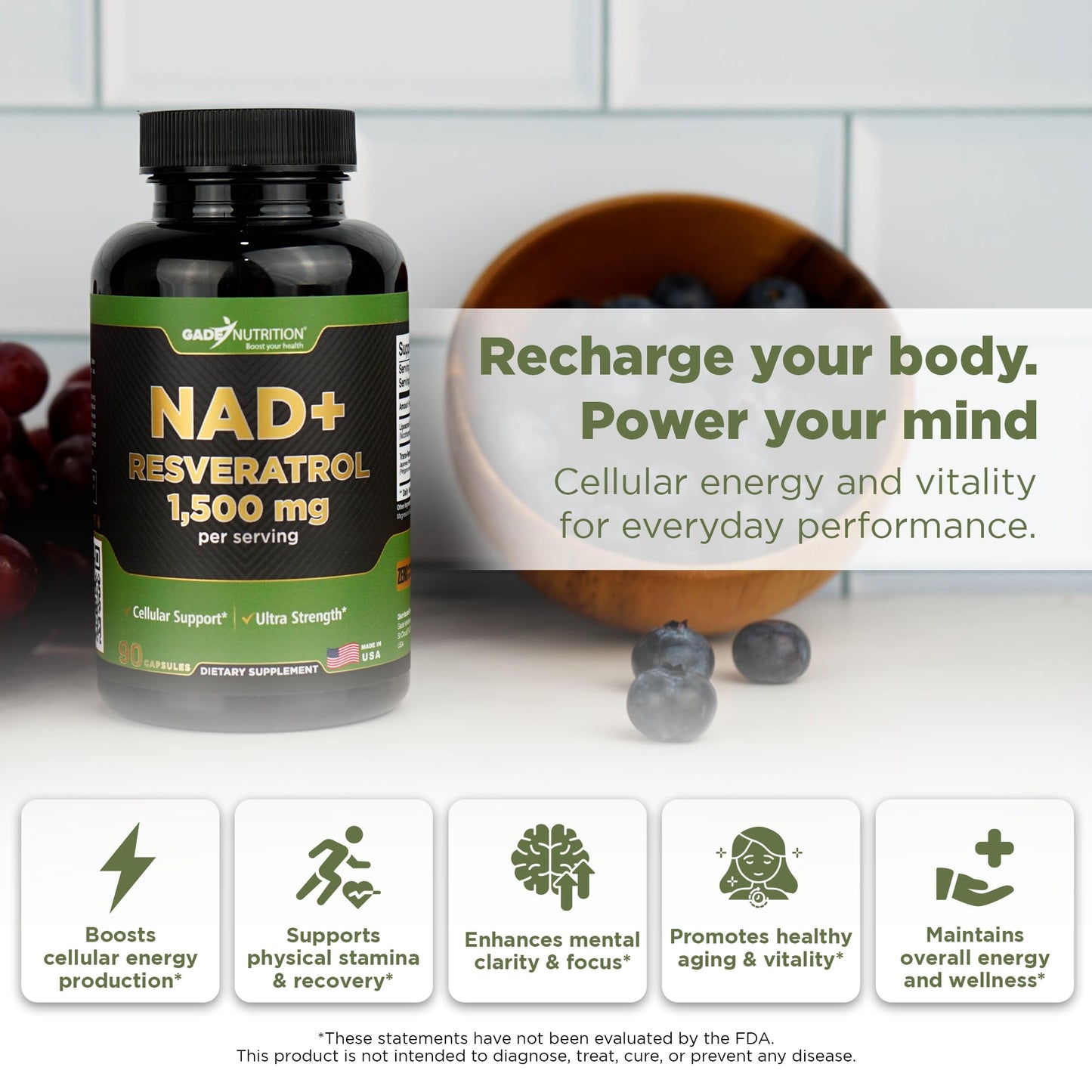 Gade Nutrition NAD+ with Resveratrol – Healthy Ageing & Antioxidant | Made in USA