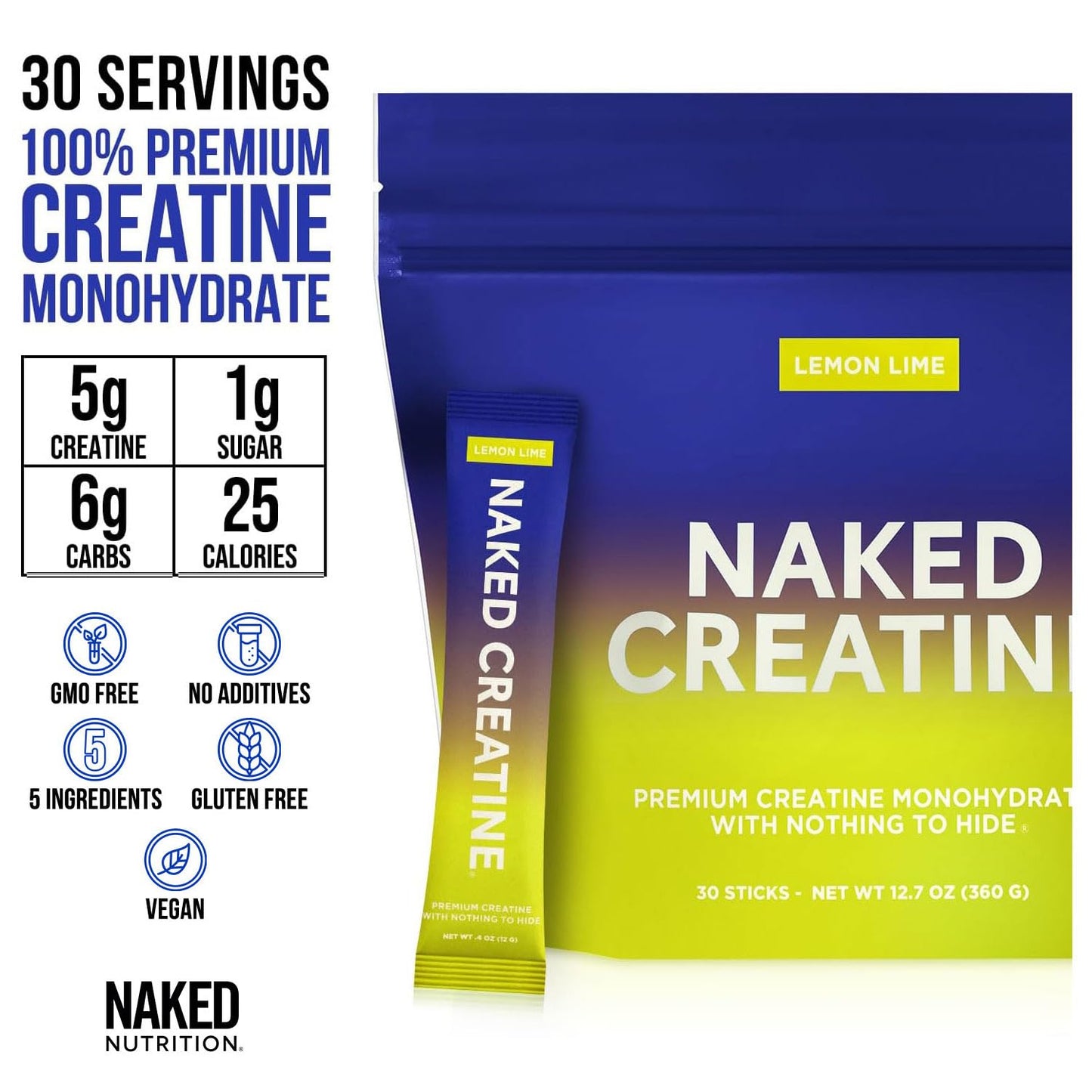 NAKED Pure Lemon Lime Creatine Monohydrate Stick Packs | 30 Pack | Vegan
