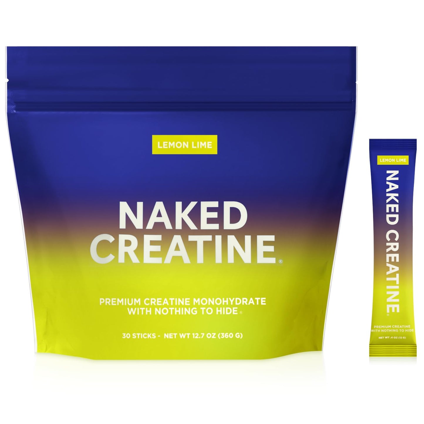 Naked Creatine packaging with gradient blue to yellow design on a white background