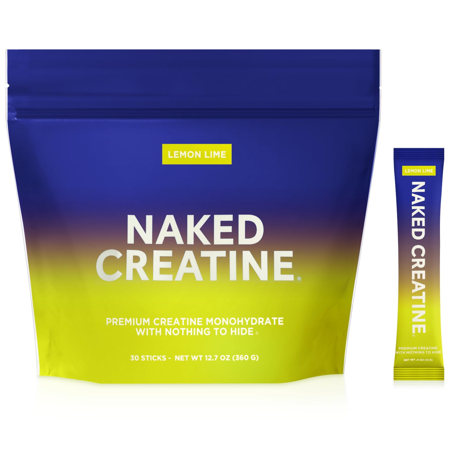 Naked Creatine packaging with gradient blue to yellow design on a white background
