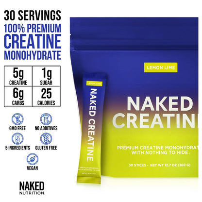 NAKED Pure Lemon Lime Creatine Monohydrate Stick Packs | 30 Pack | Vegan
