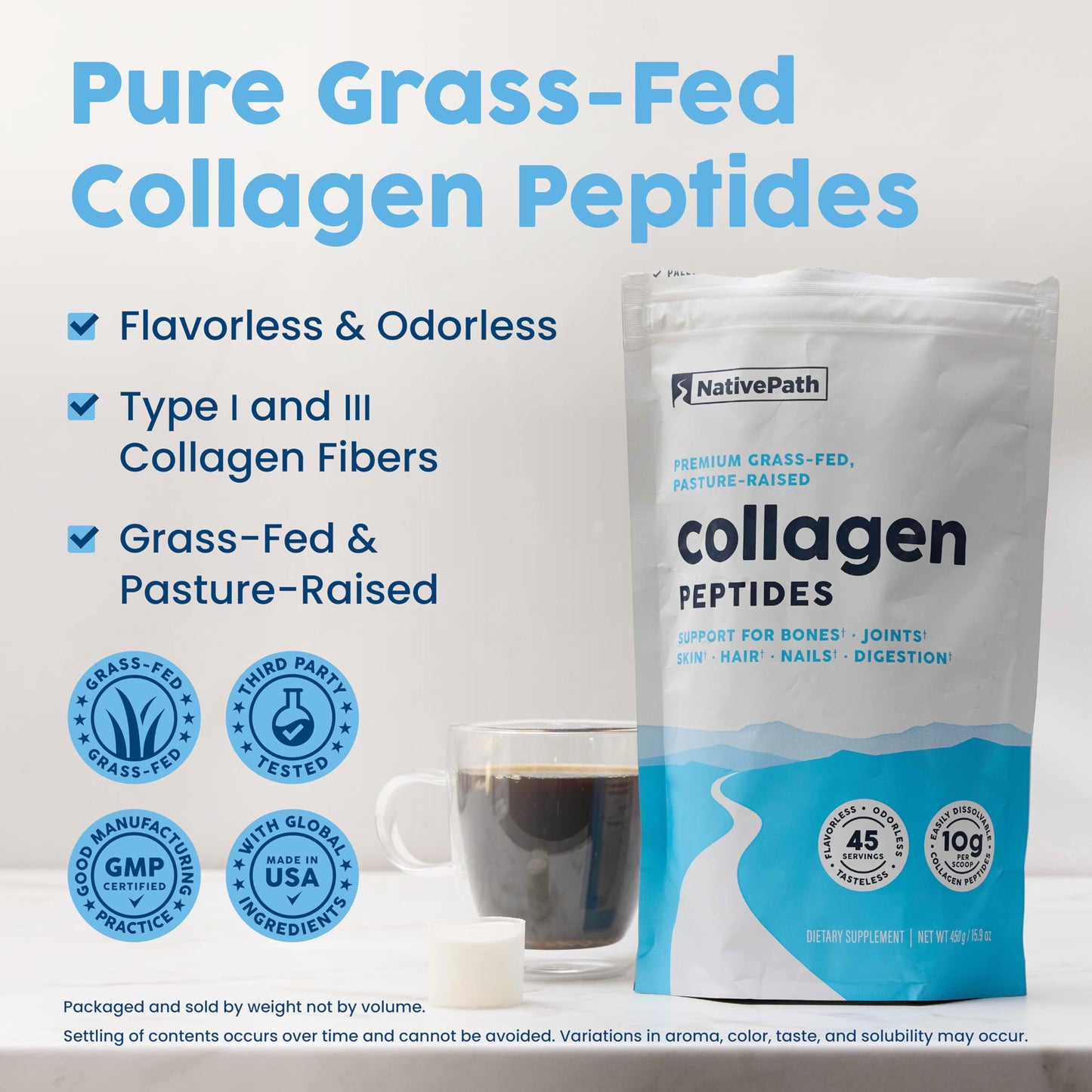 NativePath Collagen Peptides Protein – Hydrolyzed Type 1 & 3 Collagen Powder for Skin, Hair & Nails – 15.9 oz (45 Servings)