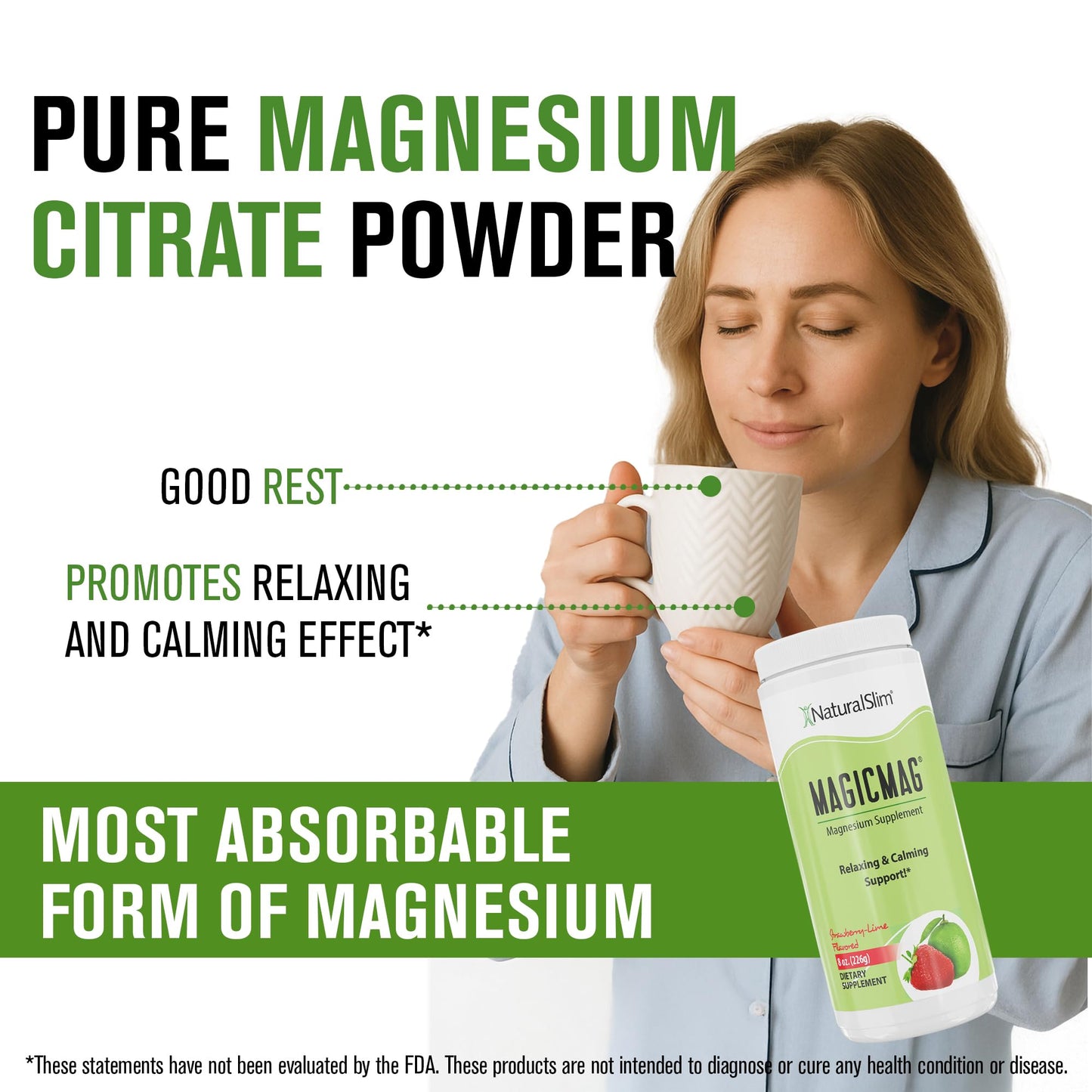 NaturalSlim MagicMag Magnesium Citrate Powder – Strawberry Lime Flavor, 8oz Drink Mix (3 Pack)