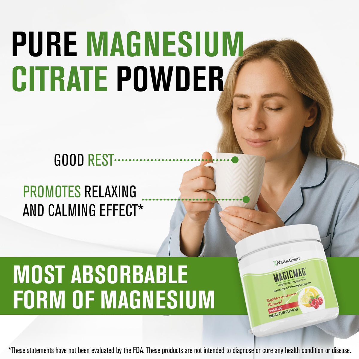 NaturalSlim MagicMag Pure Magnesium Citrate Powder – Raspberry Lemon Drink Mix (8oz, 3 Pack) - Calm Era