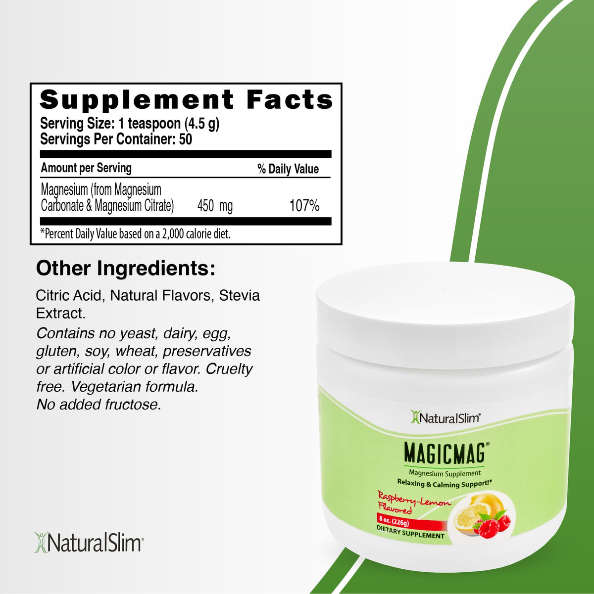 NaturalSlim MagicMag Pure Magnesium Citrate Powder – Raspberry Lemon Drink Mix (8oz, 3 Pack) - Calm Era