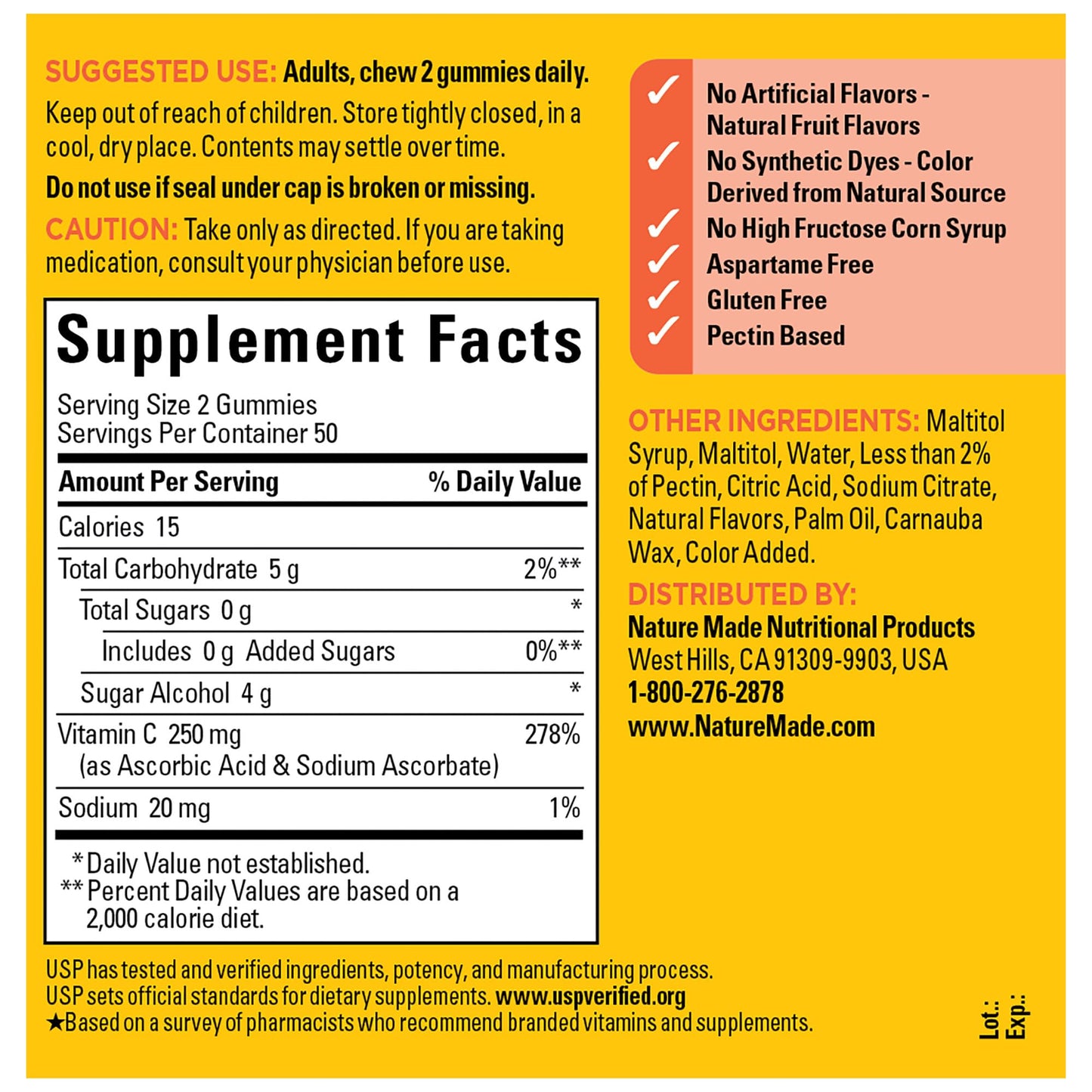 Nature Made Zero Sugar Vitamin C Gummies 250mg — 100 Count
