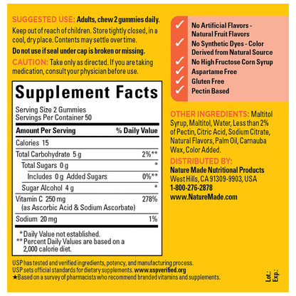 Nature Made Zero Sugar Vitamin C Gummies 250mg — 100 Count