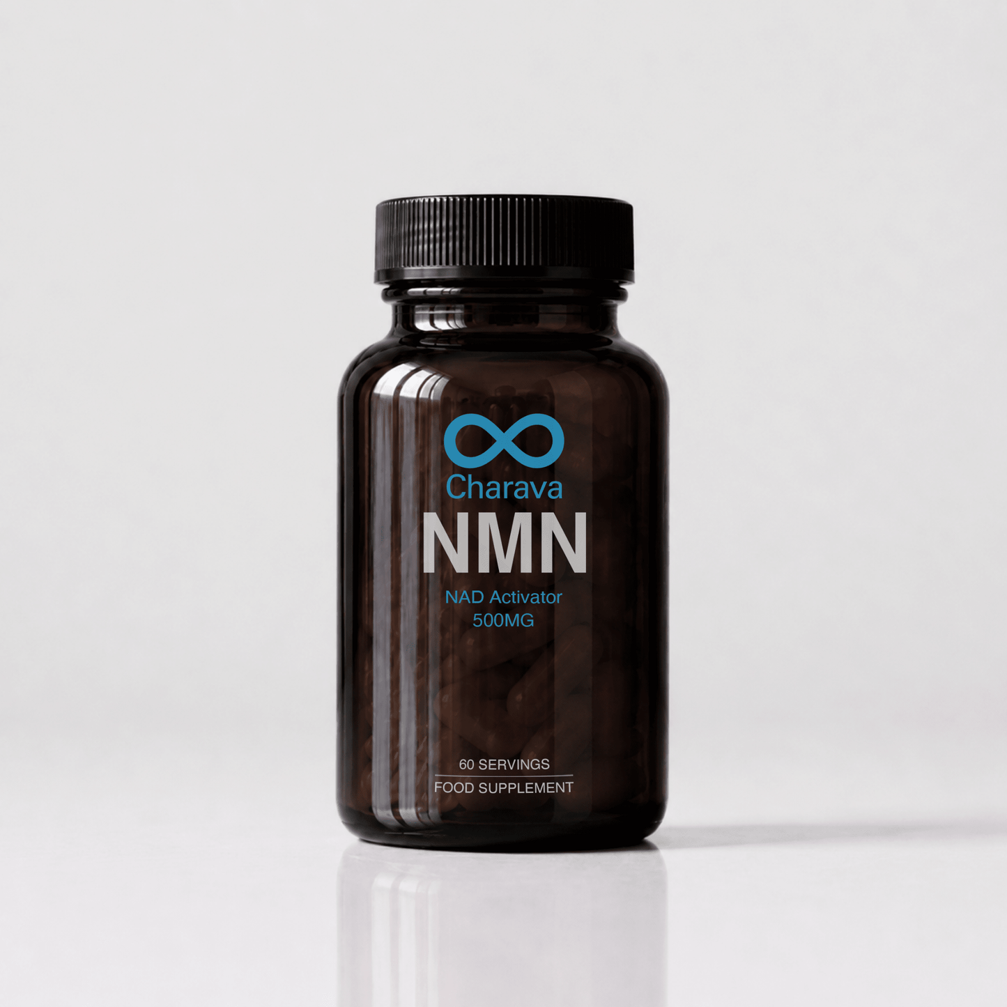 A dark amber brown bottle of Charava NMN food supplement with a black ribbed cap, set against a clean light gray background with a soft reflection below.