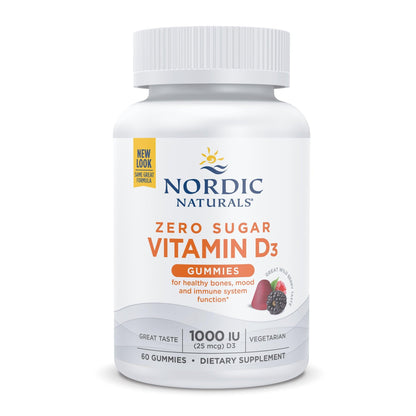Bottle of Nordic Naturals Zero Sugar Vitamin D3 Gummies on a white background