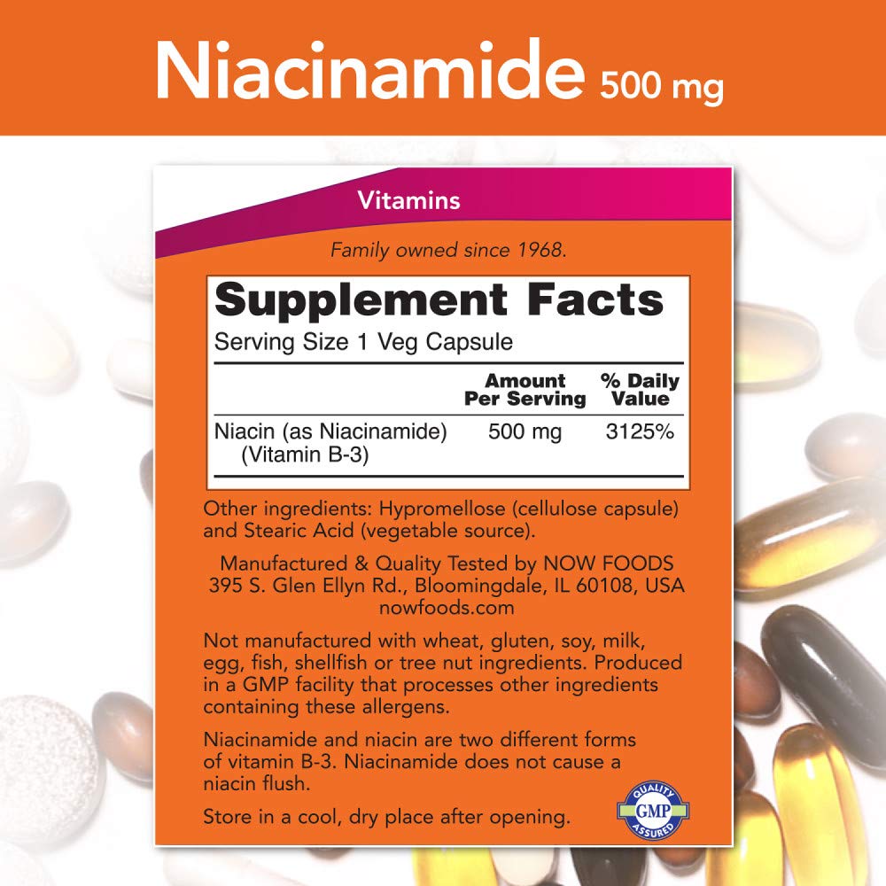 NOW Foods Niacinamide 500mg Vitamin B-3 – 100 Capsules (3-Pack)