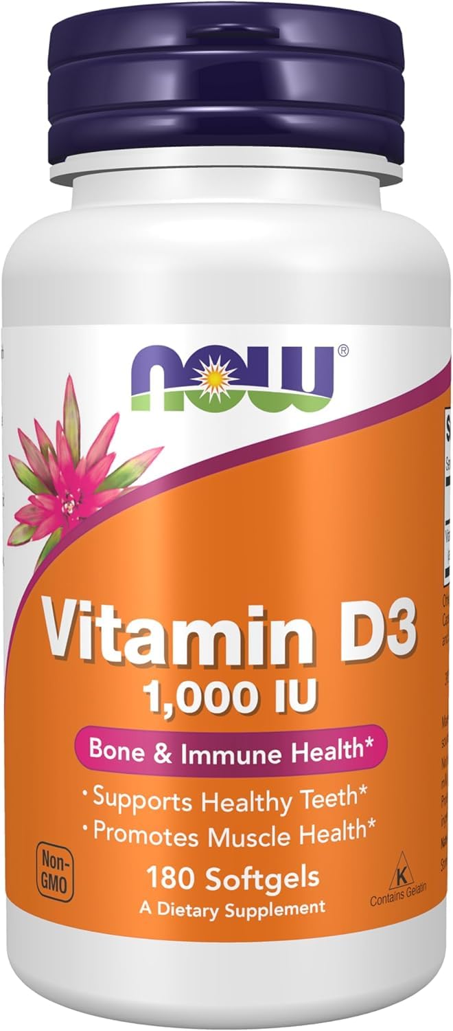Vitamin D3 supplement bottle with Now brand on an orange and white label