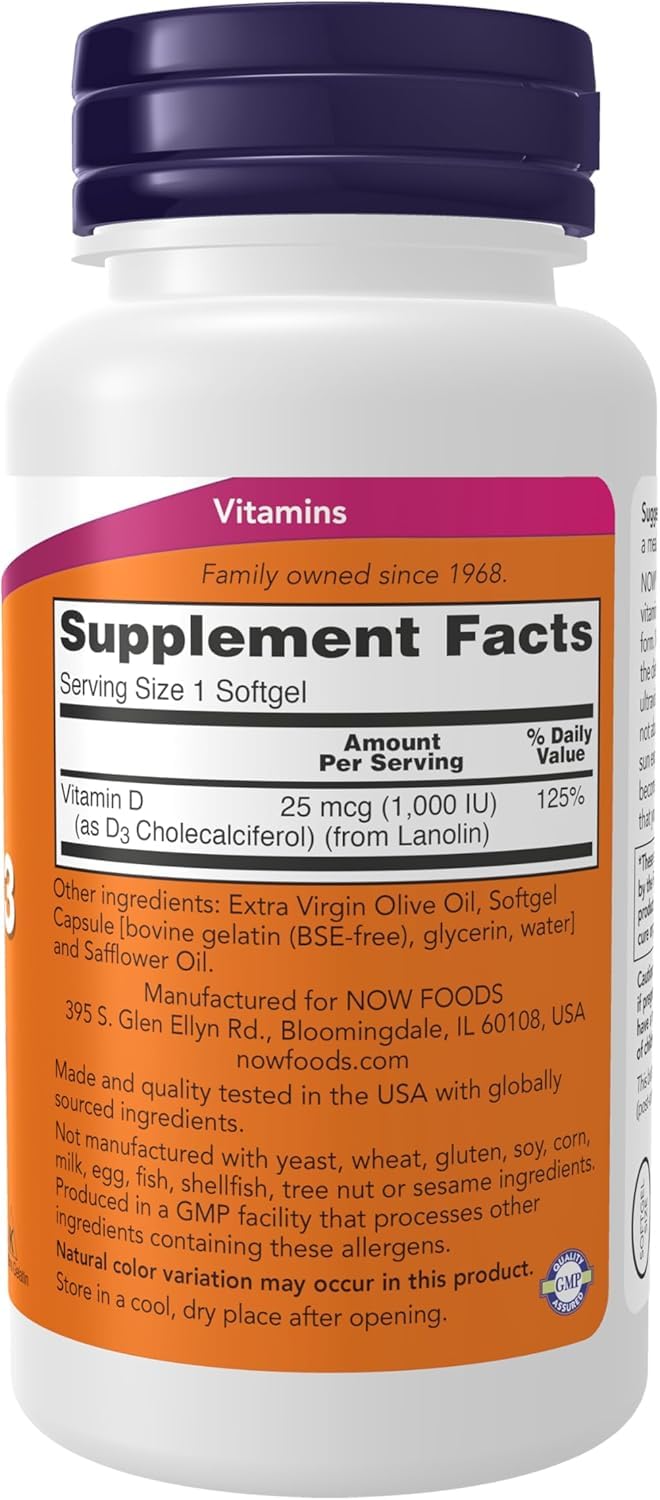 NOW Foods Vitamin D3 1000 IU — High Potency Softgels, 180ct
